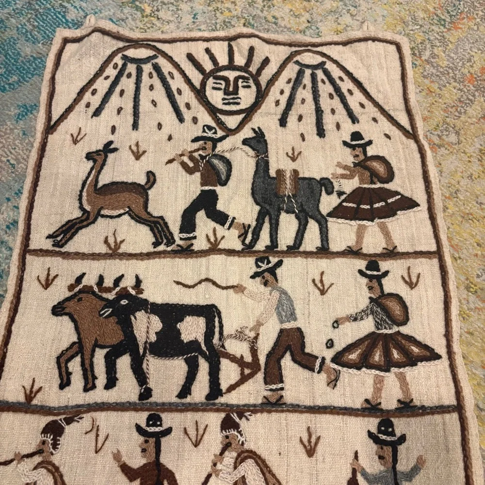 Vintage Folk Art Embroidery Peruvian Wall Hanging Made in Peru Artisan Handmade